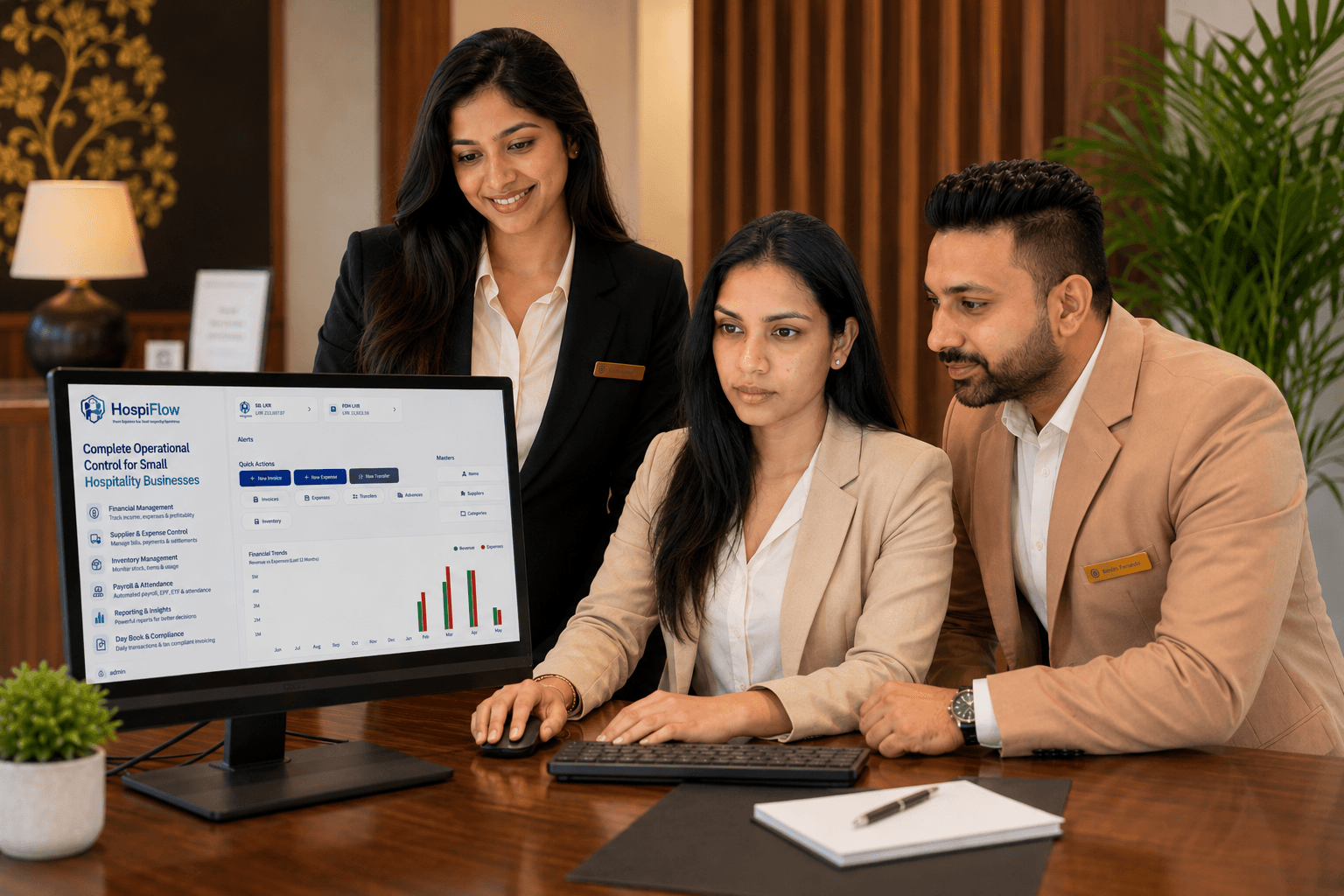 Hospitality team using HospiFlow on a desktop workstation