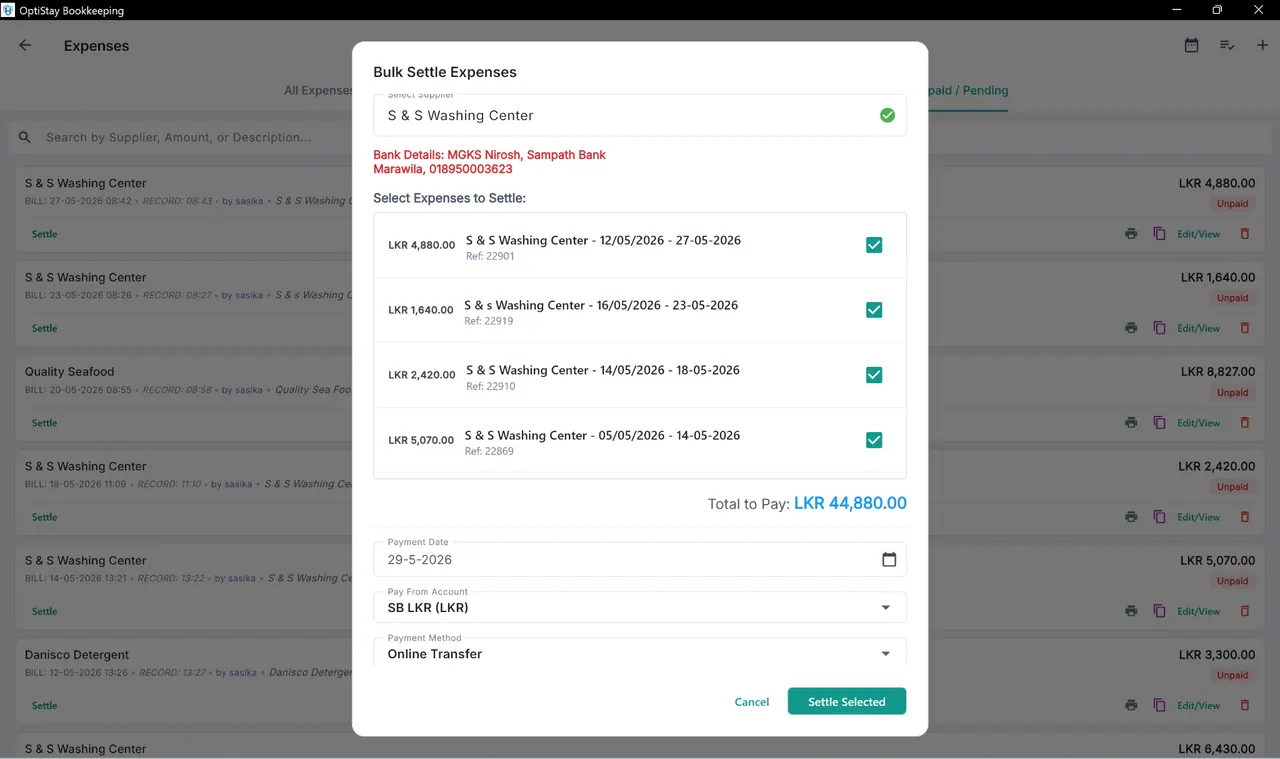Bulk supplier settlement screenshot