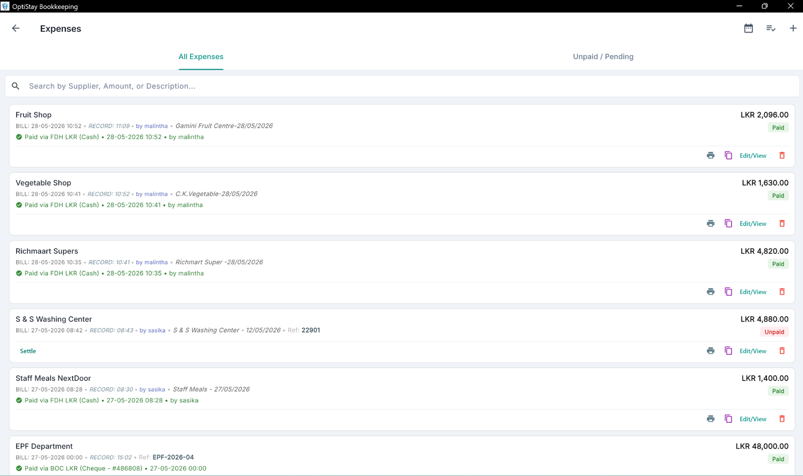 HospiFlow expenses screen