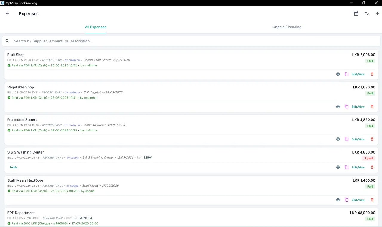 HospiFlow expenses screen